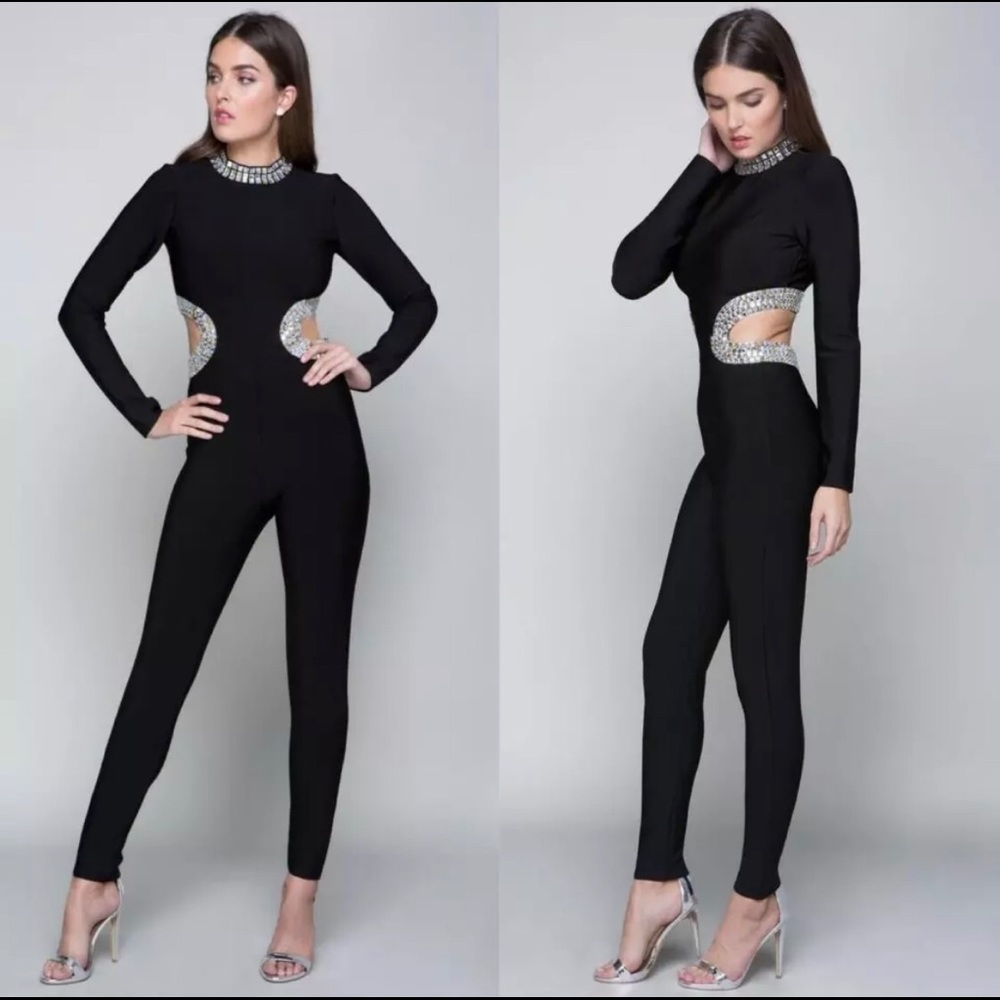 COPY - BEBE Jumpsuit Cutout Shimmery Stone Detailing